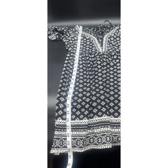 Womens Black White Bell Sleeve Mini Dress Large Boho Peasant Hippie Festival - Picture 9 of 9